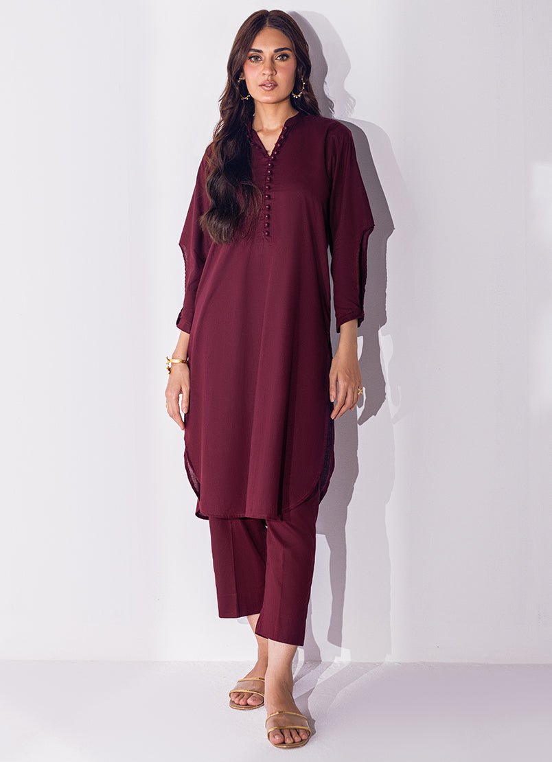 2 Pc Details on Sleeves with Round Daman & Loops Button on Neckline - Janaan Clothing