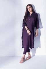 2 Pc Long Boxy Shirt with Wooden Buttons & Contrasting Stitches - Janaan Clothing