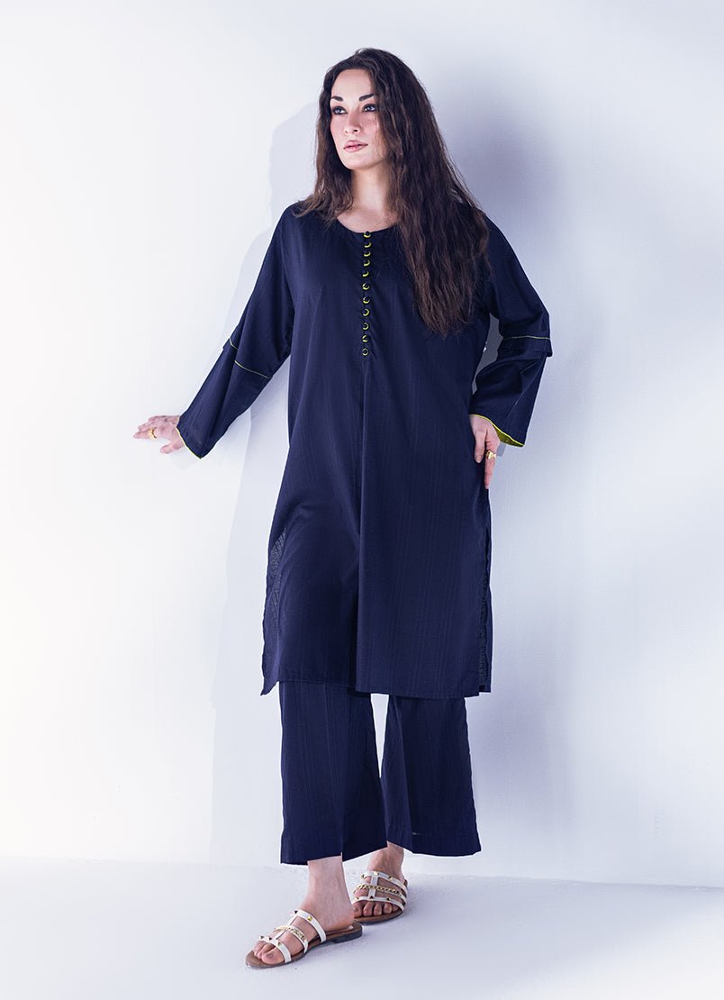 2 Pc Long Shirt with Contrasting Loop buttons & Details on Sleeves - Janaan Clothing