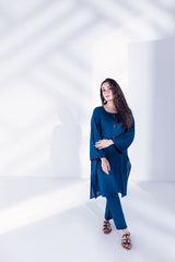 2 Pc Long Shirt with Details on Placket & Wooden Buttons - Janaan Clothing