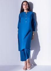 2 Pc Long Shirt with Wooden Button & Puff Sleeves - Janaan Clothing