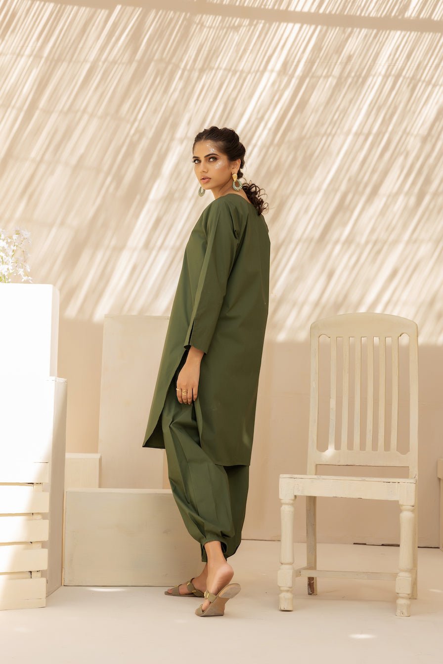 2PC Green Luxe Cotton Solid Stitched Suit - Janaan Clothing