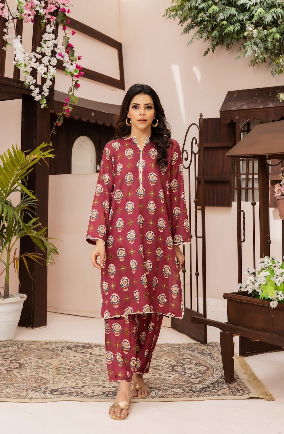 2PC Maroon Lawn Printed Stitched Suit - Janaan Clothing