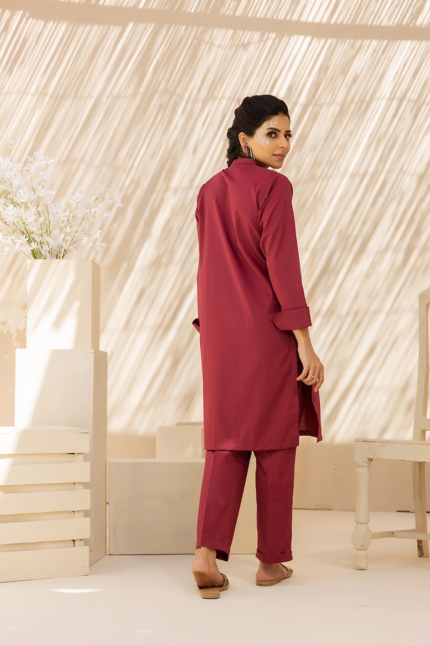 2pC Maroon Luxe Cotton Solid Stitiched Suit - Janaan Clothing