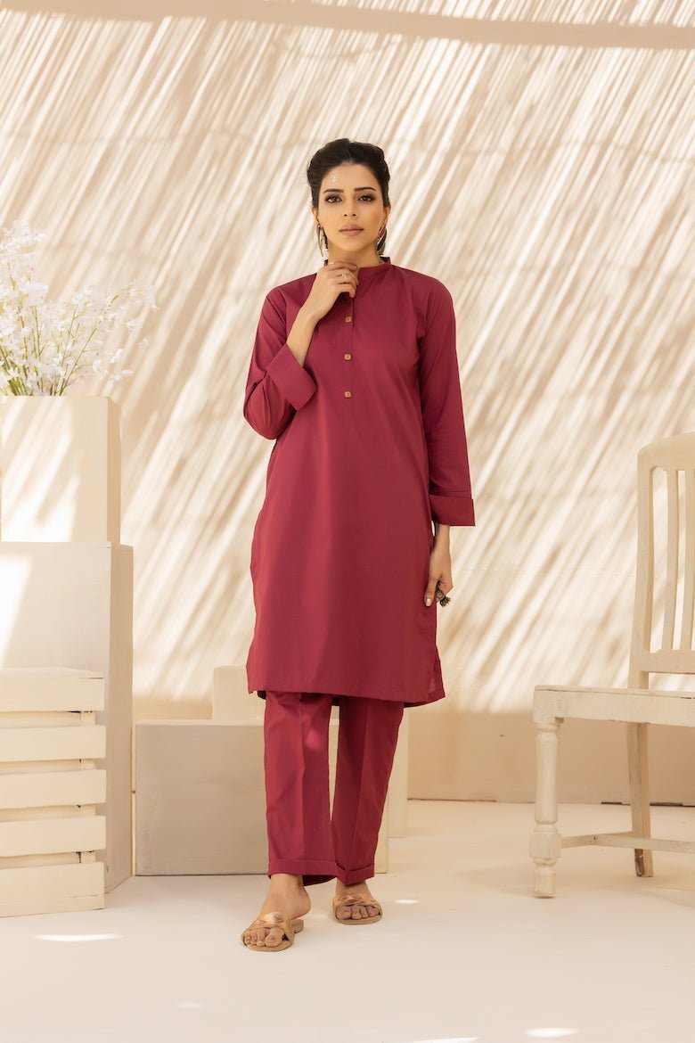 2pC Maroon Luxe Cotton Solid Stitiched Suit - Janaan Clothing