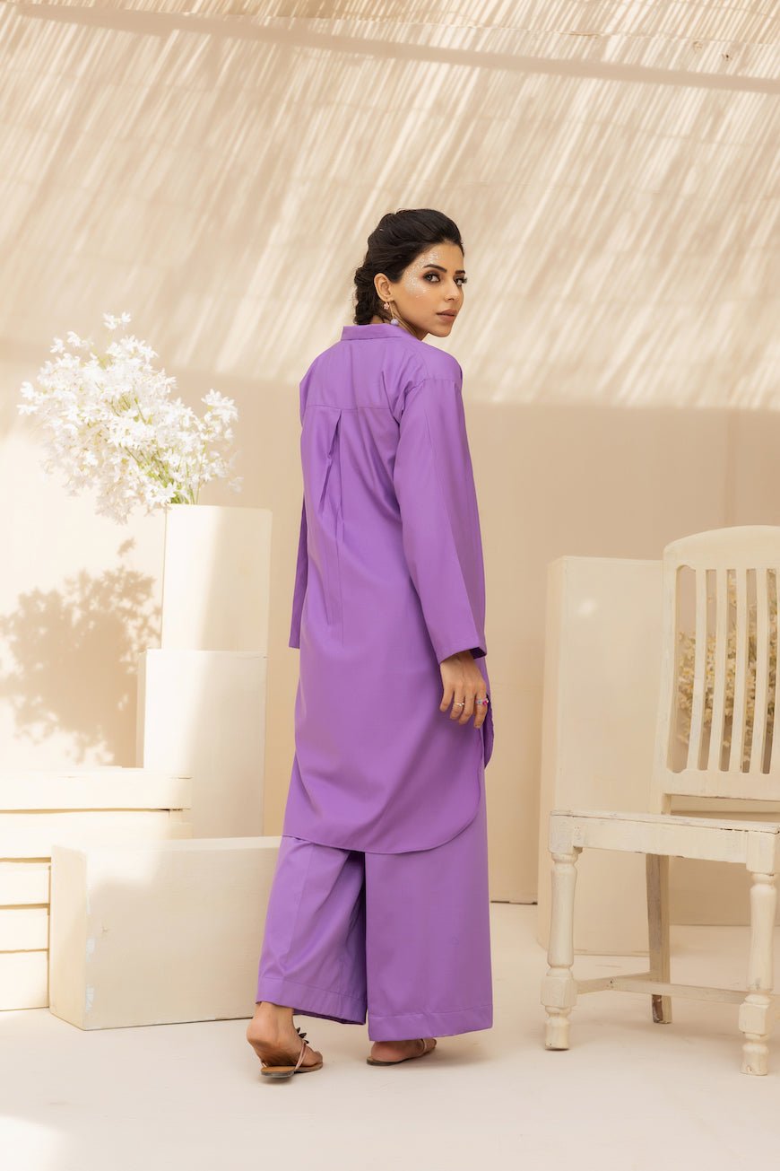 2PC Purple Luxe Cotton Solid Stitched Suit - Janaan Clothing