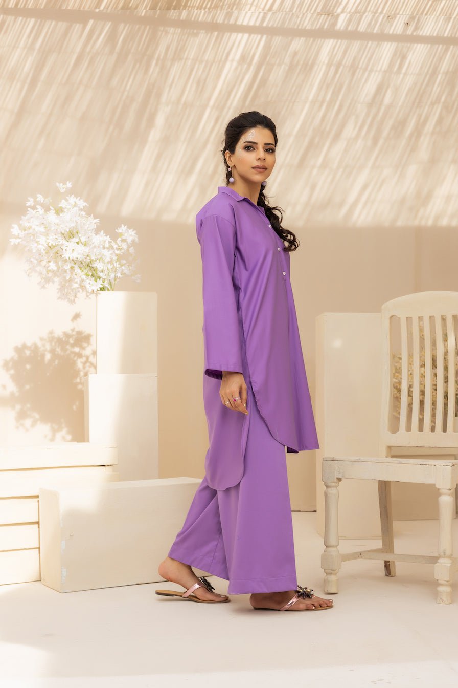 2PC Purple Luxe Cotton Solid Stitched Suit - Janaan Clothing