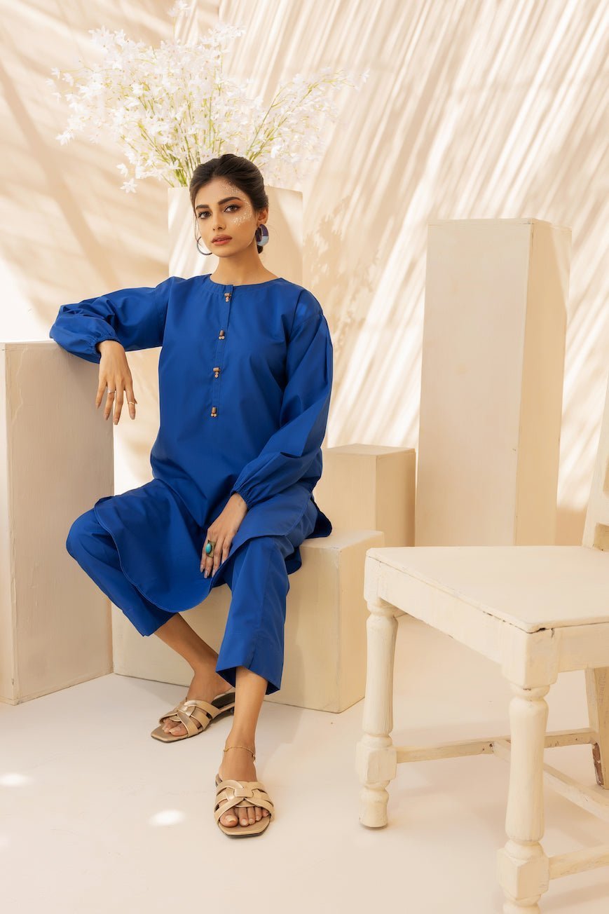 2PC Royal Blue Luxe Cotton Solid Stitched Suit - Janaan Clothing