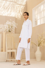 2PC White Luxe Cotton Solid Stitched Suit - Janaan Clothing